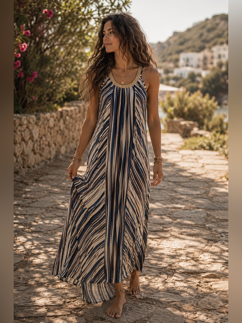 Blue & Cream Striped Maxi Dress | Beaded Neckline | Size M